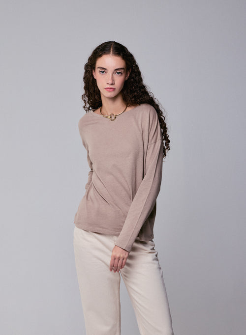 Beige Boat Neck Long Sleeves T-Shirt in Cotton and Cashmere - MAJESTIC FILATURES