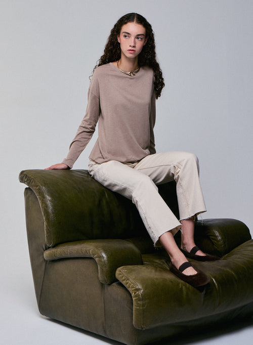 T-shirt Beige Col Bateau Manches Longues en Coton et Cachemire - MAJESTIC FILATURES