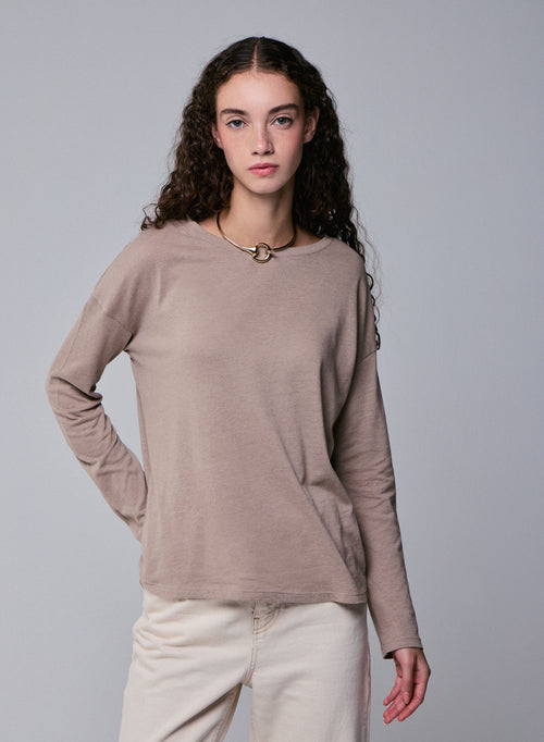 Beige Boat Neck Long Sleeves T-Shirt in Cotton and Cashmere - MAJESTIC FILATURES