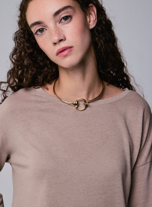 Beige Boat Neck Long Sleeves T-Shirt in Cotton and Cashmere - MAJESTIC FILATURES