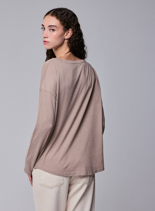 Beige Boat Neck Long Sleeves T-Shirt in Cotton and Cashmere - MAJESTIC FILATURES