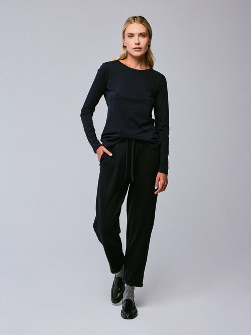 Navy blue Round Neck Long Sleeves T-shirt in Organic Cotton - MAJESTIC FILATURES