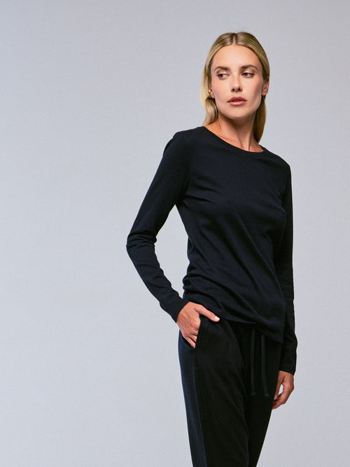 Navy blue Round Neck Long Sleeves T-shirt in Organic Cotton - MAJESTIC FILATURES