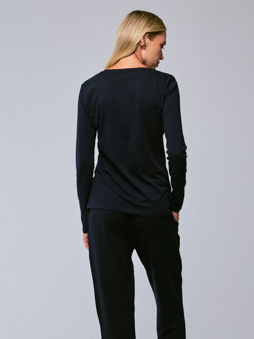 Navy blue Round Neck Long Sleeves T-shirt in Organic Cotton - MAJESTIC FILATURES
