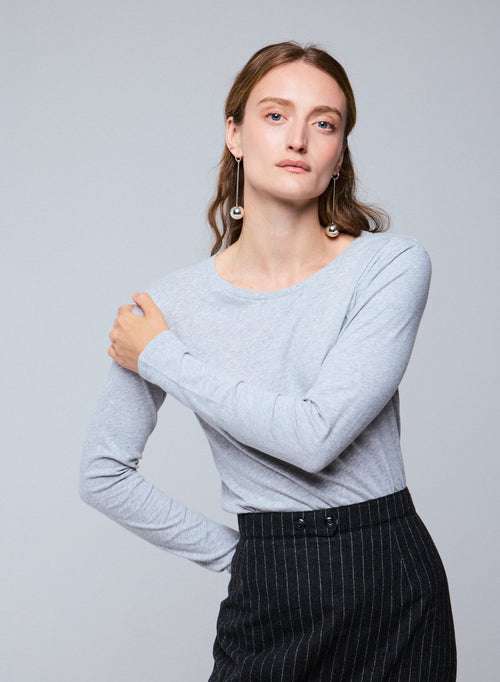 Grey Round Neck Long Sleeves T-shirt in Organic Cotton - MAJESTIC FILATURES