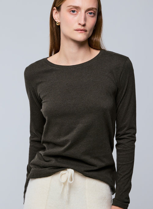 Green Round Neck Long Sleeves T-Shirt in Organic Cotton - MAJESTIC FILATURES