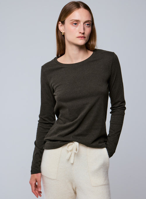 Green Round Neck Long Sleeves T-shirt in Organic Cotton WOMEN