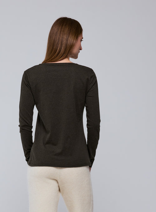 Green Round Neck Long Sleeves T-Shirt in Organic Cotton - MAJESTIC FILATURES
