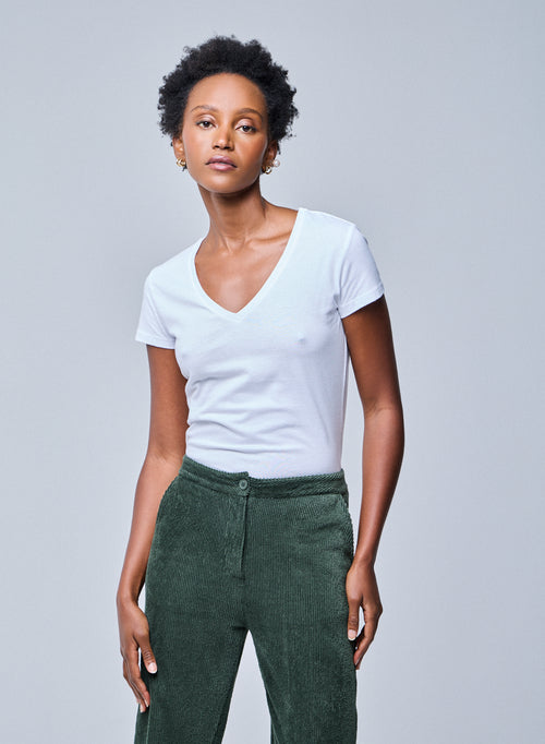 T-shirt Blanc Julia col V Manches Courtes en Coton Organique - MAJESTIC FILATURES