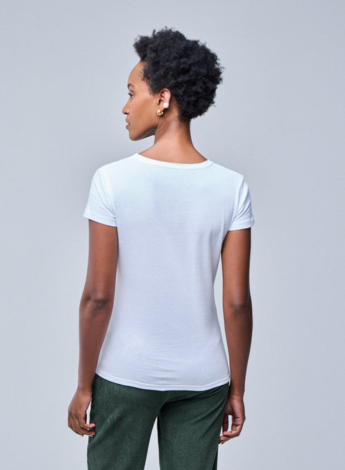 T-shirt Blanc Julia col V Manches Courtes en Coton Organique - MAJESTIC FILATURES