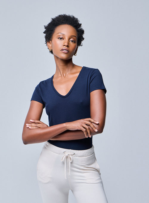 Navy blue Julia V-Neck Short Sleeves T-Shirt in Organic Cotton - MAJESTIC FILATURES
