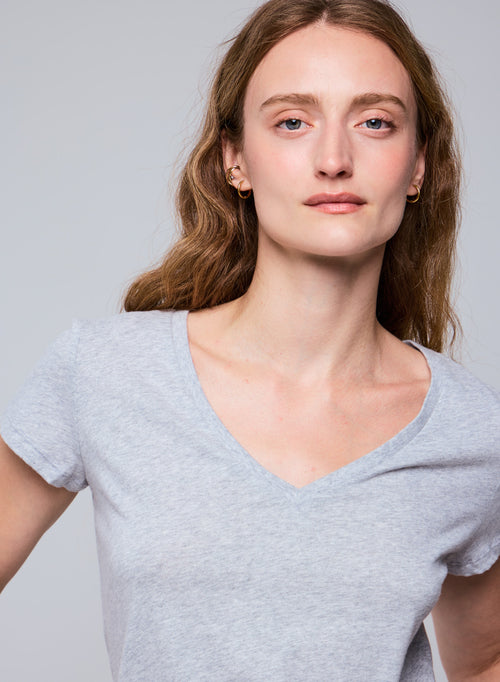 Grey Julia V-neck Short Sleeves T-shirt in Organic Cotton - MAJESTIC FILATURES