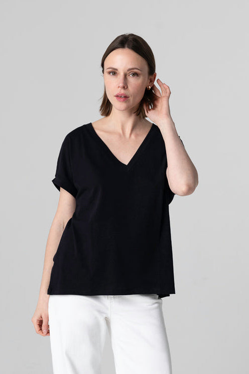 T-shirt Noir Col V Manches Courtes en Coton Organique - MAJESTIC FILATURES