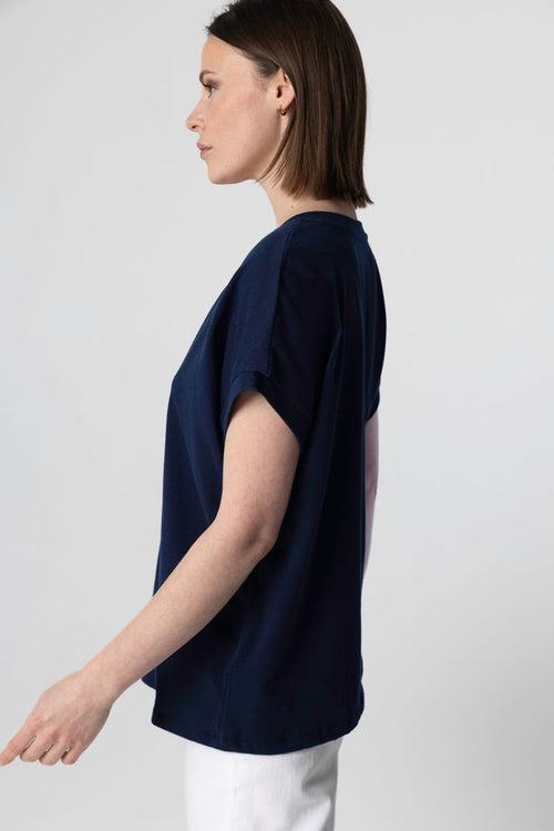 T-shirt Marine Col V Manches Courtes en Coton Organique - MAJESTIC FILATURES
