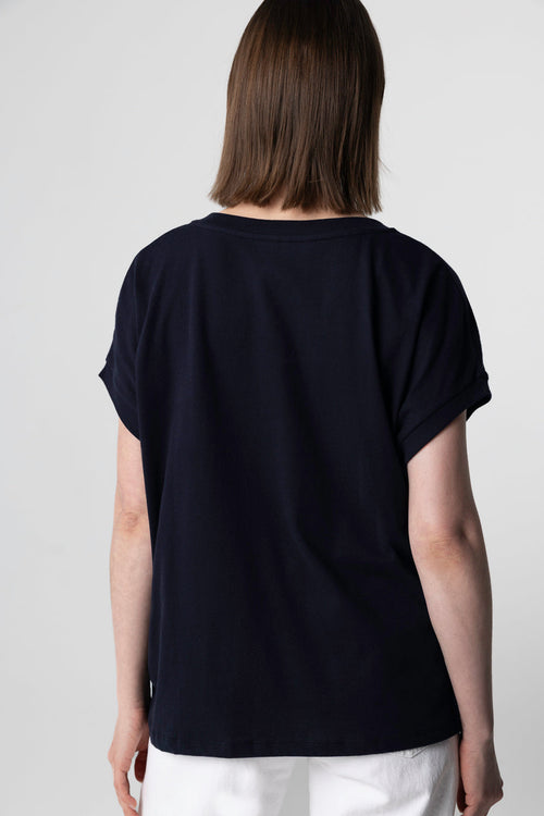 T-shirt Marine Col V Manches Courtes en Coton Organique - MAJESTIC FILATURES