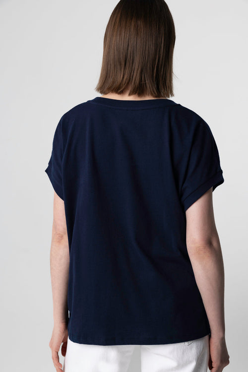 T-shirt Marine Col V Manches Courtes en Coton Organique - MAJESTIC FILATURES