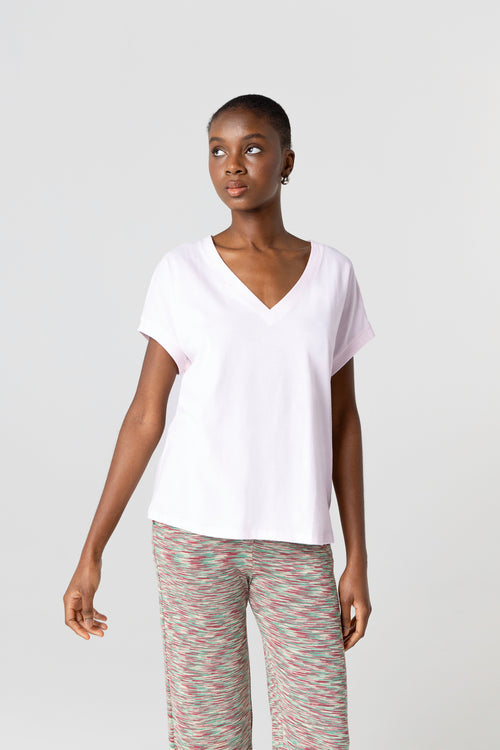 T-shirt Rose Col V Manches Courtes en Coton Organique - MAJESTIC FILATURES