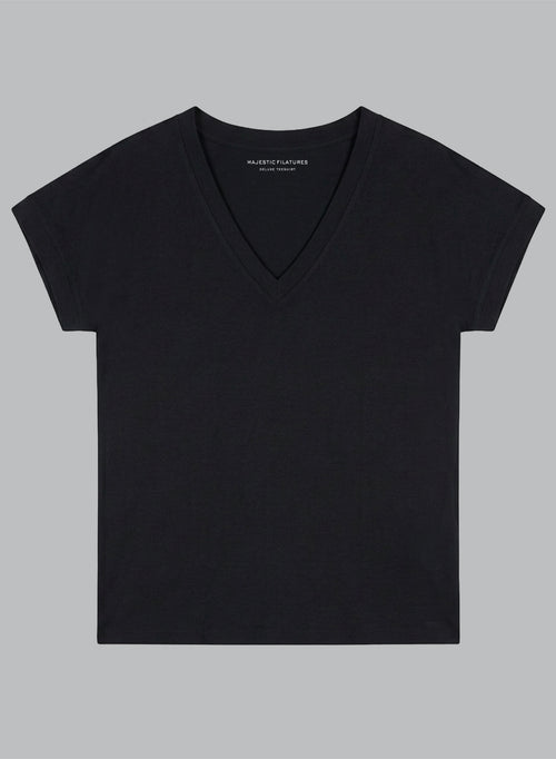 T-shirt Noir Col V Manches Courtes en Coton Organique - MAJESTIC FILATURES