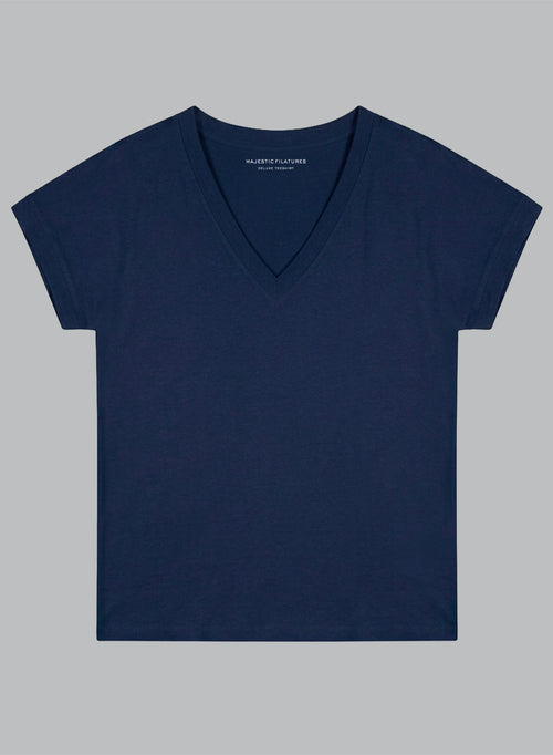 T-shirt Marine Col V Manches Courtes en Coton Organique - MAJESTIC FILATURES