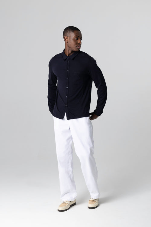 Hemd mit Kragen und langen Ärmeln aus Bio-Baumwolle in Marineblau - MAJESTIC FILATURES