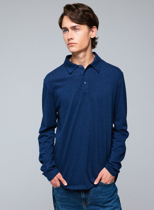 Blaues Poloshirt Langarm-Poloshirt aus Bio-Baumwolle - MAJESTIC FILATURES