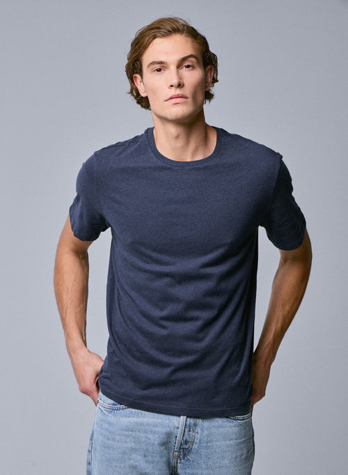 Camiseta de manga corta con cuello redondo azul en algodón orgánico - MAJESTIC FILATURES
