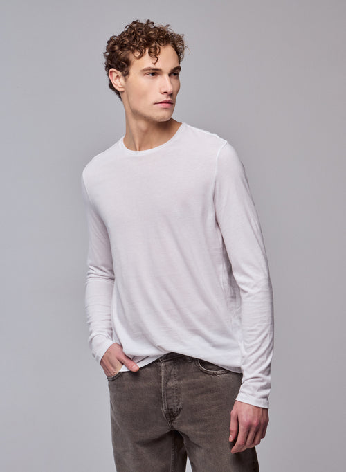 T-shirt Blanc James Col rond Manches longues en Deluxe Coton - MAJESTIC FILATURES
