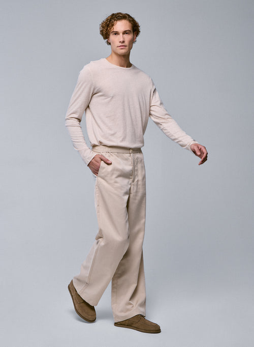 Beige Round Neck Long Sleeve T-Shirt in Organic Cotton - MAJESTIC FILATURES