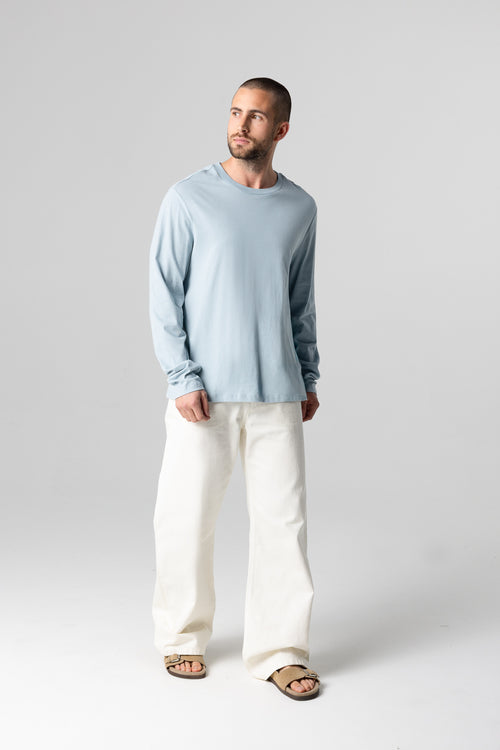 T-shirt Bleu Clair Col Rond Manches Longues en Coton Organique - MAJESTIC FILATURES