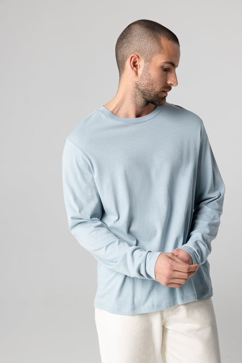 T-shirt Bleu Clair Col Rond Manches Longues en Coton Organique - MAJESTIC FILATURES