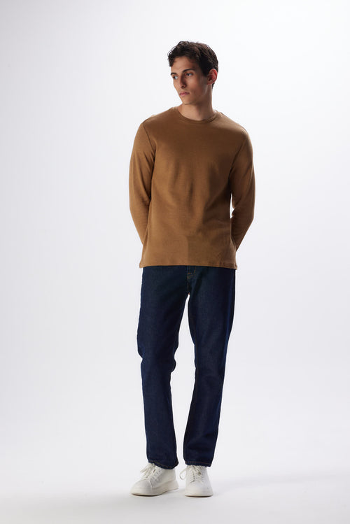 T-shirt Camel Col Rond Manches Longues en Coton et Cachemire - MAJESTIC FILATURES