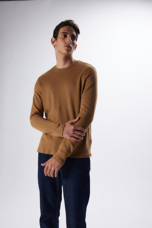 T-shirt Camel Col Rond Manches Longues en Coton et Cachemire - MAJESTIC FILATURES