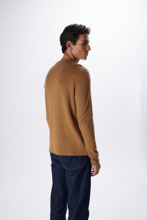 T-shirt Camel Col Rond Manches Longues en Coton et Cachemire - MAJESTIC FILATURES
