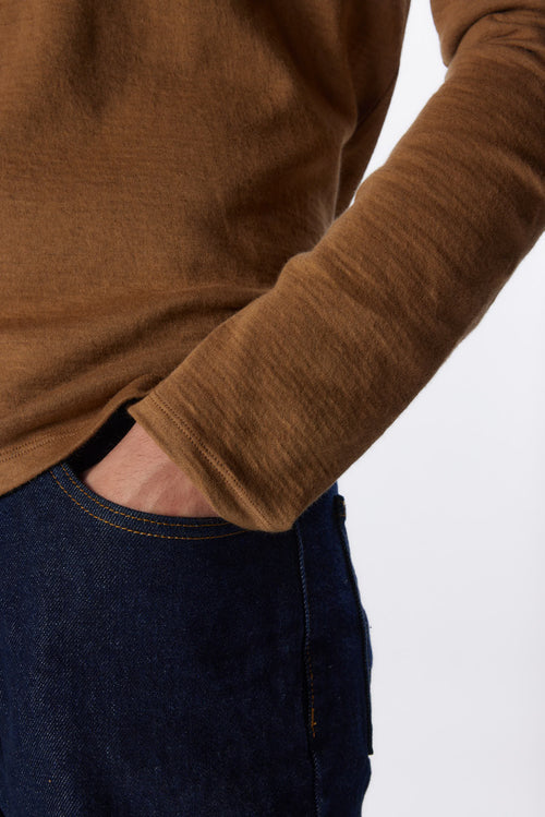T-shirt Camel Col Rond Manches Longues en Coton et Cachemire - MAJESTIC FILATURES