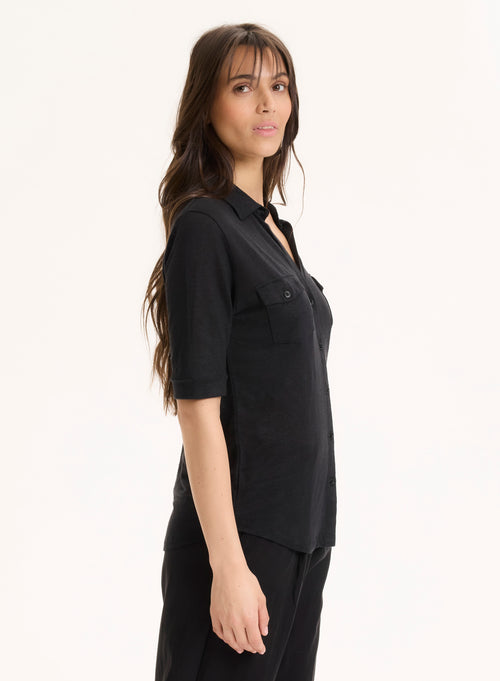 Camisa negra con mangas al codo en lino / elastano - MAJESTIC FILATURES
