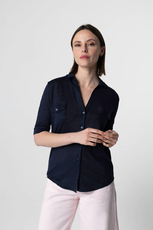 Camisa azul marino con mangas codos de lino/elastano - MAJESTIC FILATURES