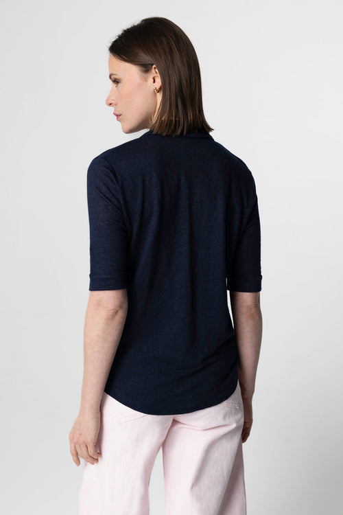 Camisa azul marino con mangas codos de lino/elastano - MAJESTIC FILATURES