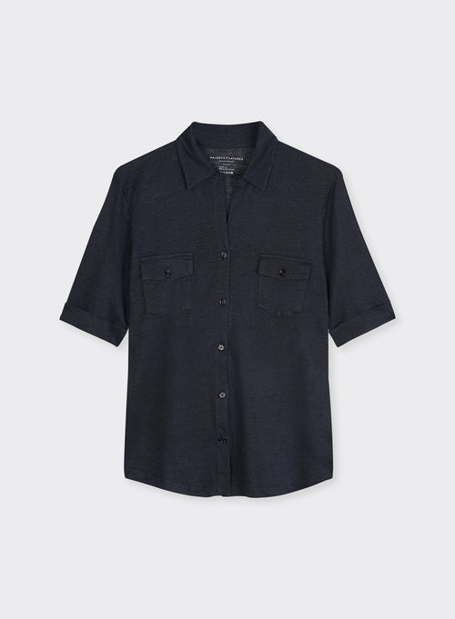 Navy Shirt Collar Shirt Elbow Sleeves in Linen / Elastane - MAJESTIC FILATURES