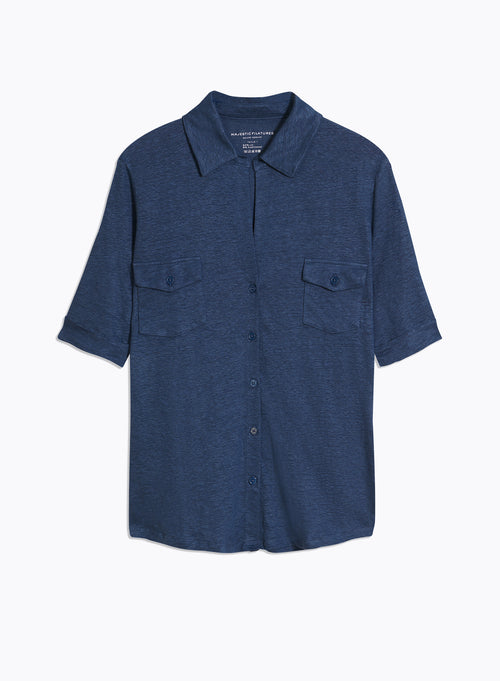 Chemise Bleue Manches Coudes en Lin / Elasthanne - MAJESTIC FILATURES