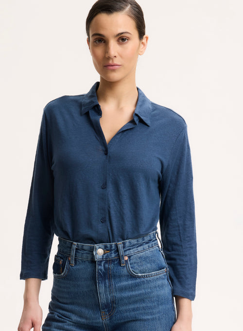 Chemise Haut Manche Trois Quart Femme Chemise Bleu Col Chemise