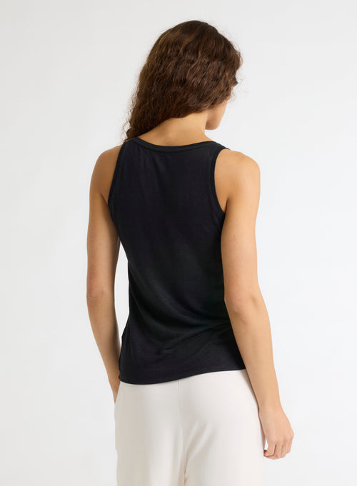 Schwarzes ärmelloses©Tanktop aus Leinen / Elasthan mit U-Ausschnitt - MAJESTIC FILATURES