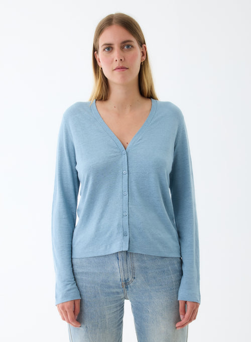 Blue V-neck cardigan with long sleeves in linen / elastane - MAJESTIC FILATURES