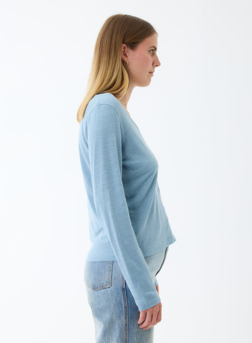 Gilet Bleu Col V Manches Longues en Lin / Elasthanne - MAJESTIC FILATURES