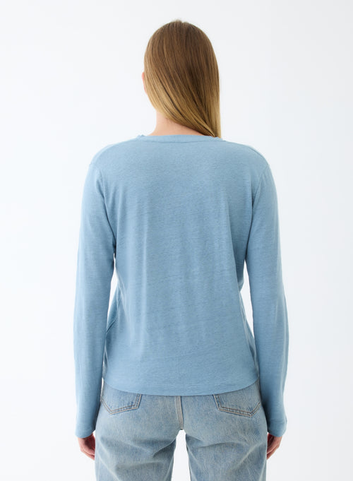 Gilet Bleu Col V Manches Longues en Lin / Elasthanne - MAJESTIC FILATURES