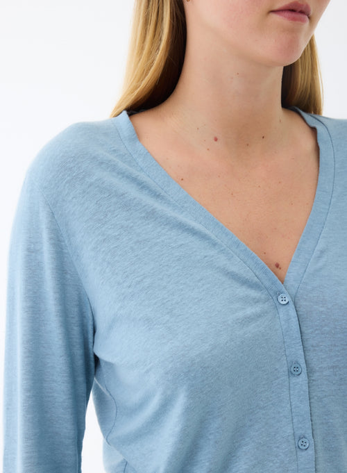 Gilet Bleu Col V Manches Longues en Lin / Elasthanne - MAJESTIC FILATURES