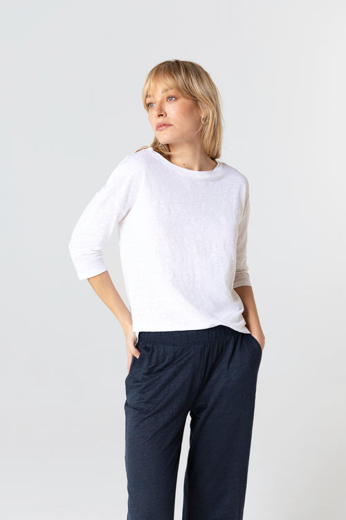T-shirt Blanc Col Bateau Manches Trois quarts en Lin / Elasthanne - MAJESTIC FILATURES