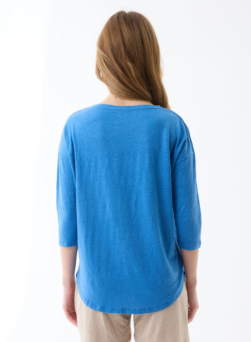 Tee shirt Bleu Col Bateau Manches Trois quarts en Lin / Elasthanne - MAJESTIC FILATURES