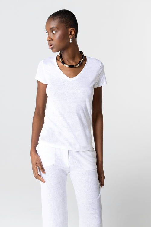 White V-Neck Short Sleeve Linen T-Shirt - MAJESTIC FILATURES