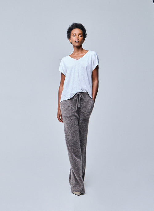 Weißes T-Shirt mit V-Ausschnitt und kurzen Ärmeln aus Leinen / Elastan - MAJESTIC FILATURES