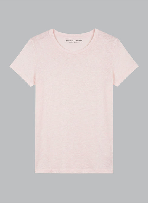 Camiseta rosa de cuello redondo y manga corta de lino/elastano - MAJESTIC FILATURES